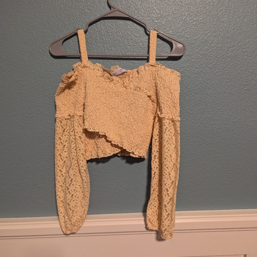 Zara Off Shoulder Cross Long Ruffles Sleeves Crop Top